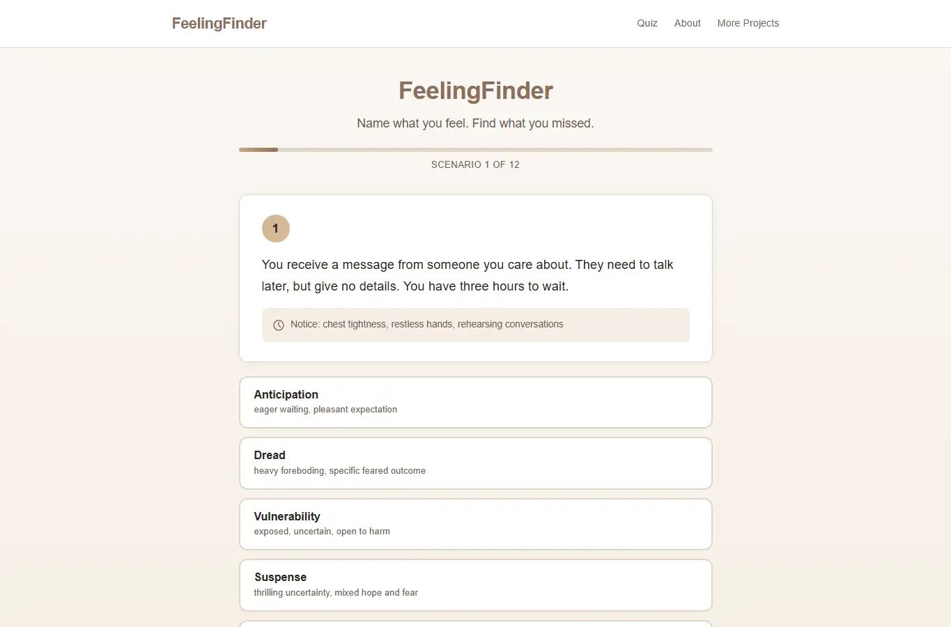 Screenshot of FeelingFinder: Emotional Vocabulary Builder interface showing the project page in use